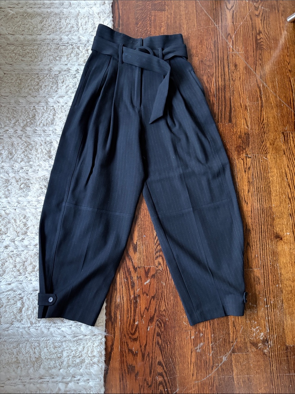 Zara Black High-Waist Pleated Paperbag Trousers with Self-Tie Belt